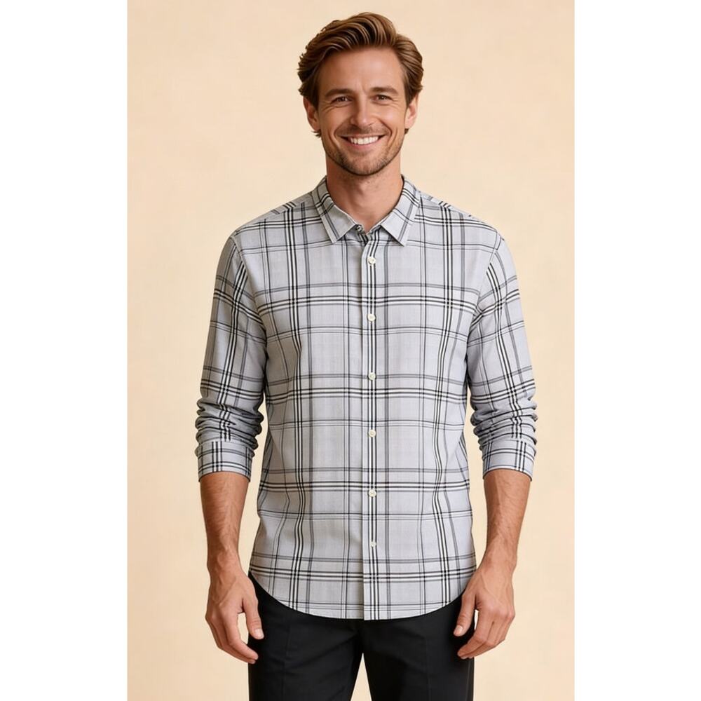 Vince Men’s Plaid Button-Down Shirt Gray White Long Sleeve XL